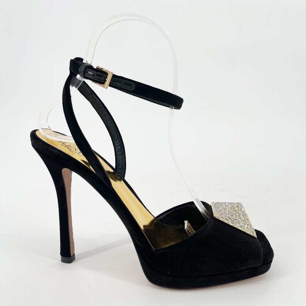 Valentino Garavani Black Velvet Crystal One Stud Stiletto Strappy Sandals EU 38 - Picture 2 of 11